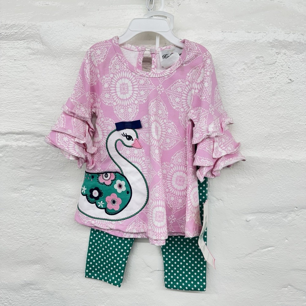 Rare Edition Toddler Pant Suit‎ Swan Polka Dot Green Pink 24mo New